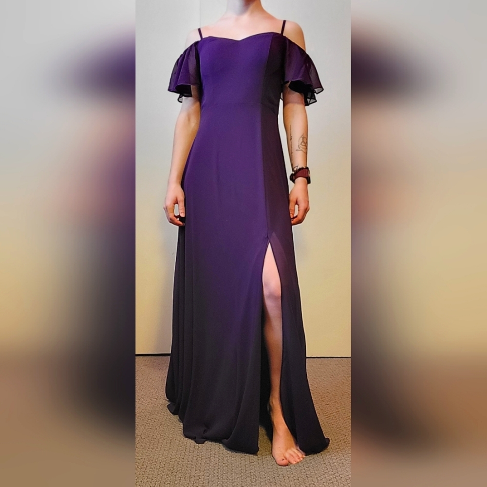Purple Sweetheart Neck Off-Shoulder Strap Dress w Slit